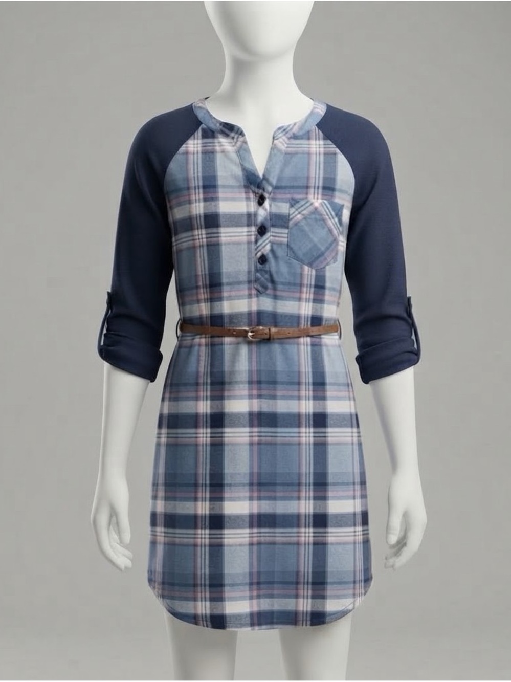 Ultra Flirt Girls L Plaid Shirt Dress Blue Pink Lace Back Belted NWT